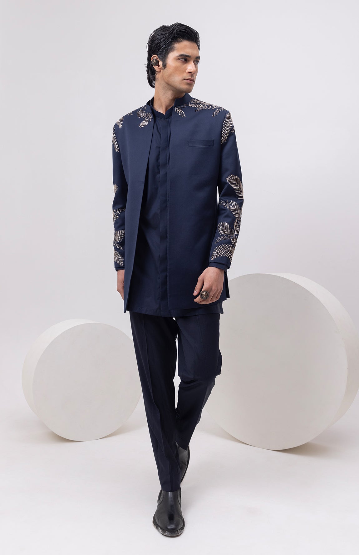 LEAF SILVER - INDOWESTERN SHORT OPEN JACKET WITH KURTA AND TROUSER SET