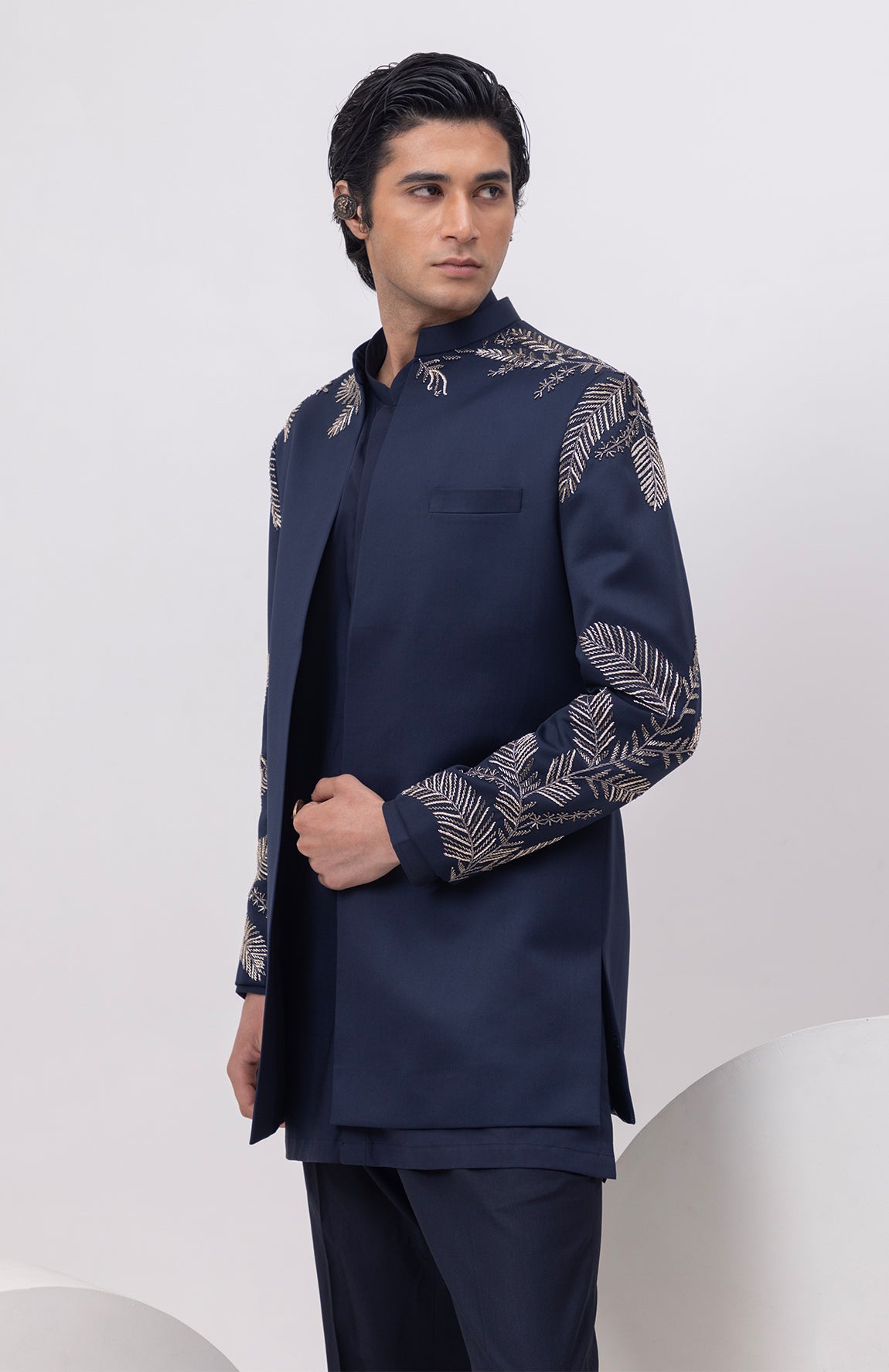 LEAF SILVER - INDOWESTERN SHORT OPEN JACKET WITH KURTA AND TROUSER SET