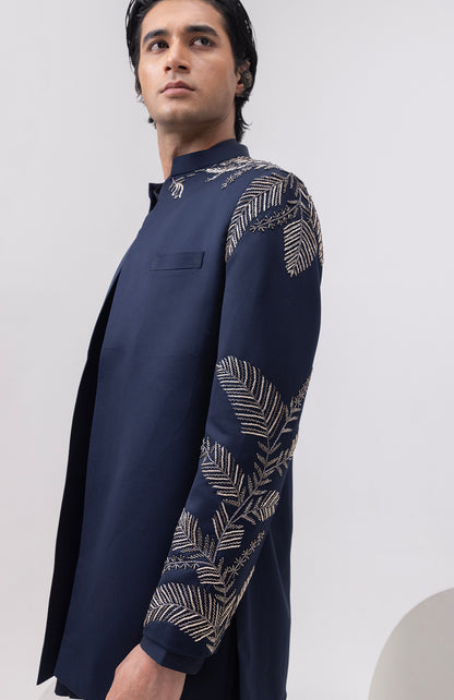 LEAF SILVER - INDOWESTERN SHORT OPEN JACKET WITH KURTA AND TROUSER SET