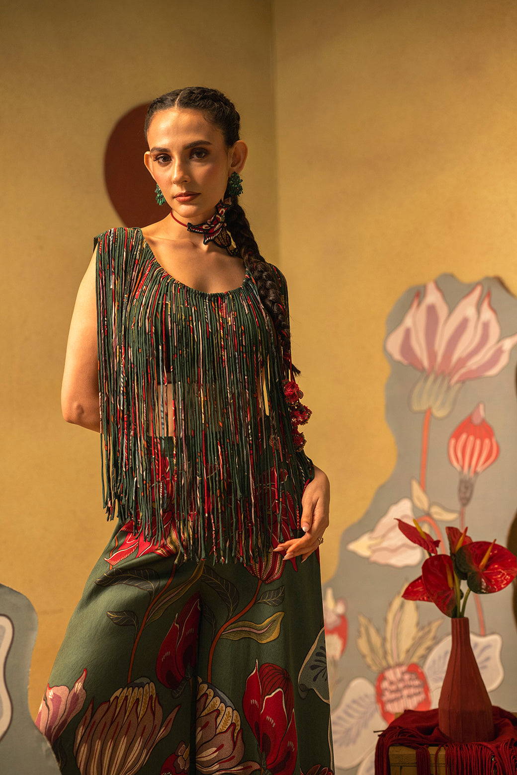 GREEN FLORA FRINGE SET