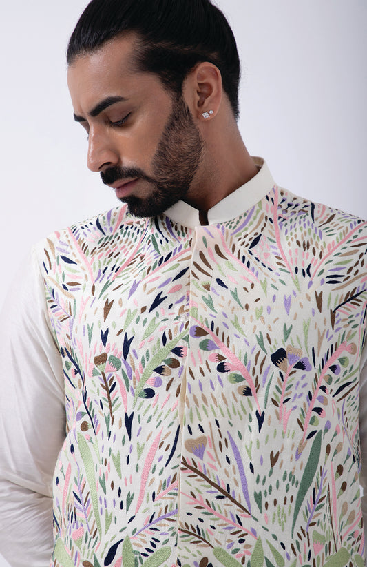 IVORY- PASTEL MULTICOLORED EMB BUNDI