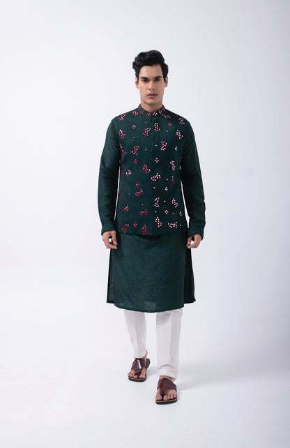 BOTTLE GREEN CONTRAST FLORAL EMB BUNDI