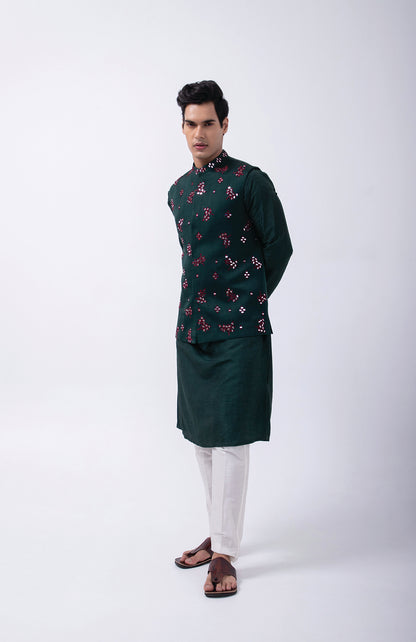 BOTTLE GREEN CONTRAST FLORAL EMB BUNDI