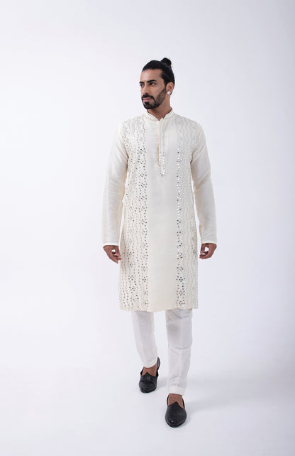 IVORY LEATHER MIRROR DOWN PLACMENT KURTA SET