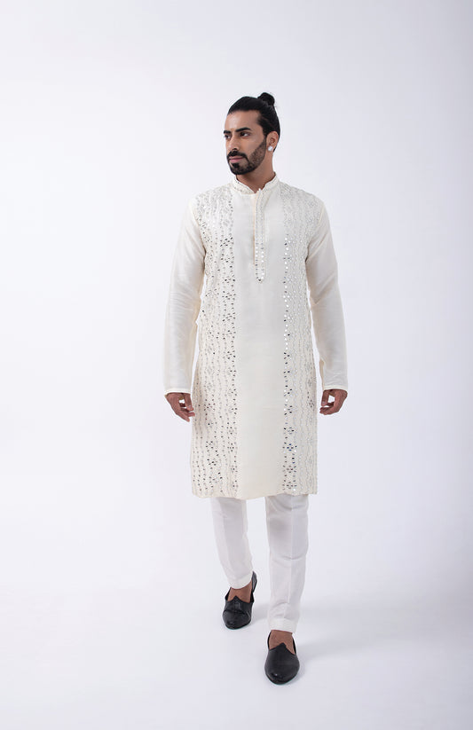 IVORY LEATHER MIRROR DOWN PLACMENT KURTA SET