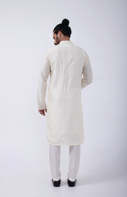 IVORY LEATHER MIRROR DOWN PLACMENT KURTA SET
