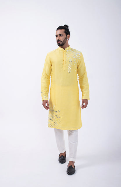 YELLOW PEACOCK MIRROR PLACMENT KURTA SET