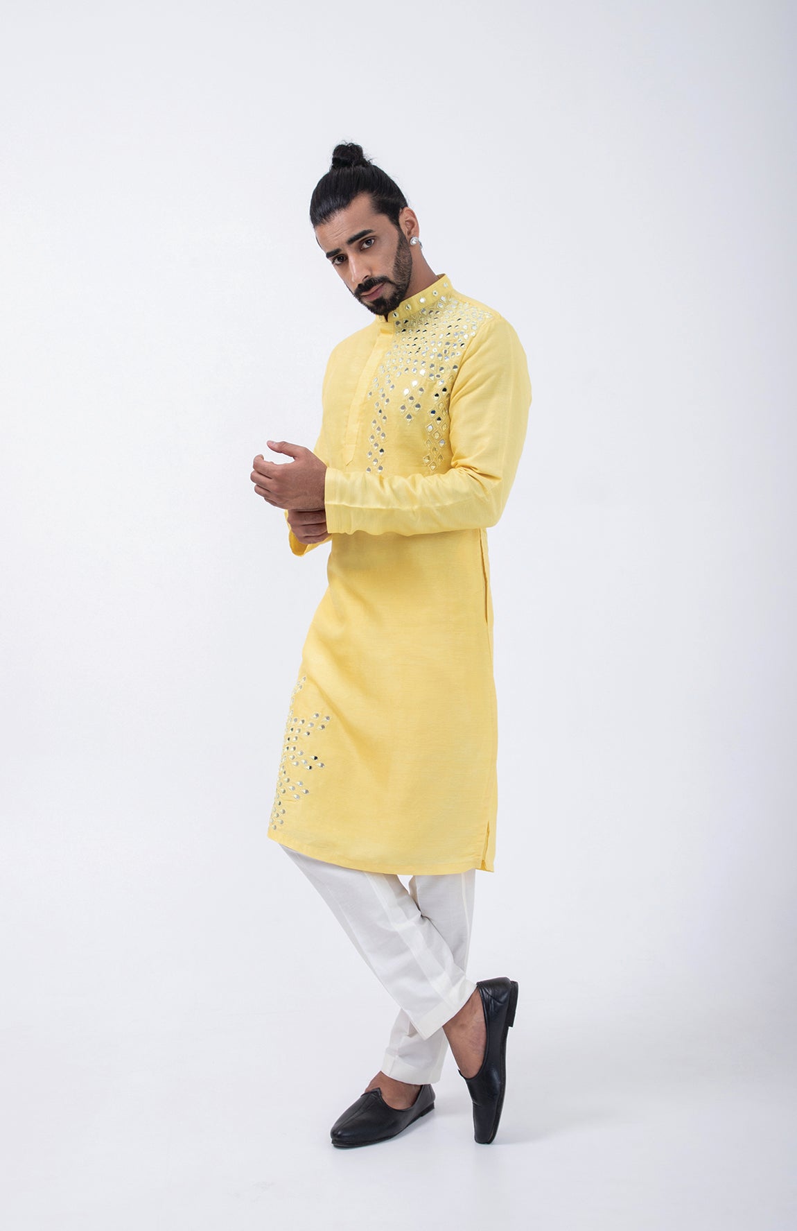 YELLOW PEACOCK MIRROR PLACMENT KURTA SET
