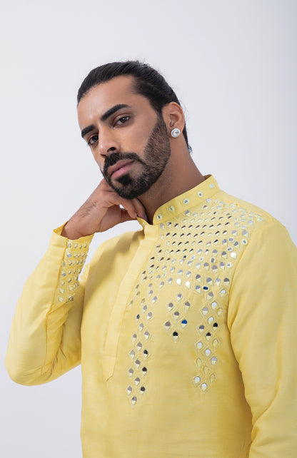 YELLOW PEACOCK MIRROR PLACMENT KURTA SET