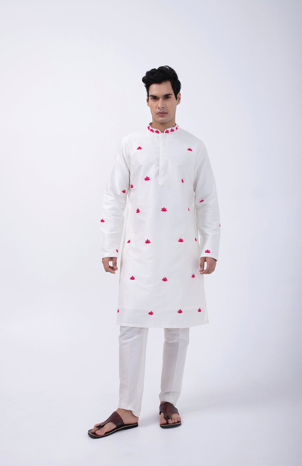 IVORY - HOT PINK LOTUS MOTIF ALL OVER KURTA SET