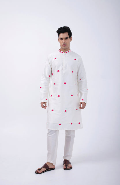 IVORY - HOT PINK LOTUS MOTIF ALL OVER KURTA SET