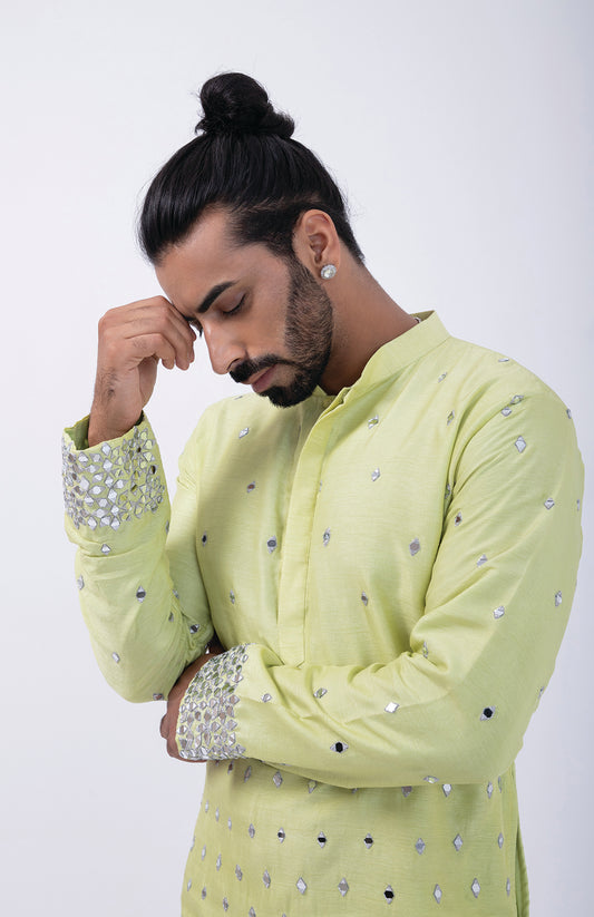 MINT GREEN WITH SILVER MIRROR DOWN PLACMENT KURTA SET
