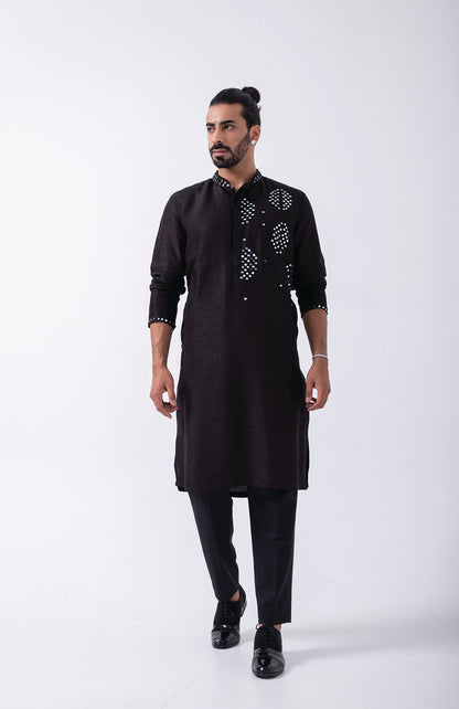 BLACK HALF MIRROR EMBRIODERY KURTA SET