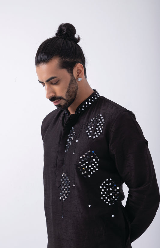 BLACK HALF MIRROR EMBRIODERY KURTA SET
